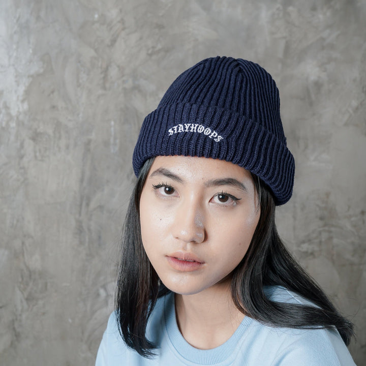 Letter Embroidered Beanie Navy
